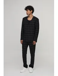 Windowpane Checked Straight Fit Tailored Trousers - black