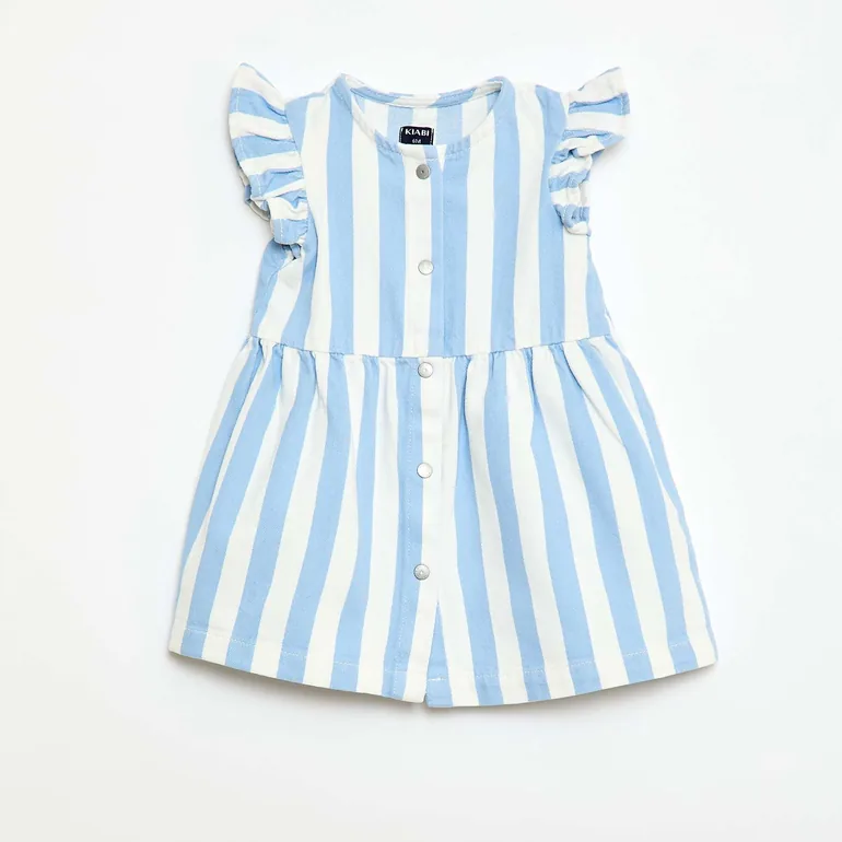Striped Twill Dress with Short Sleeves BLUE