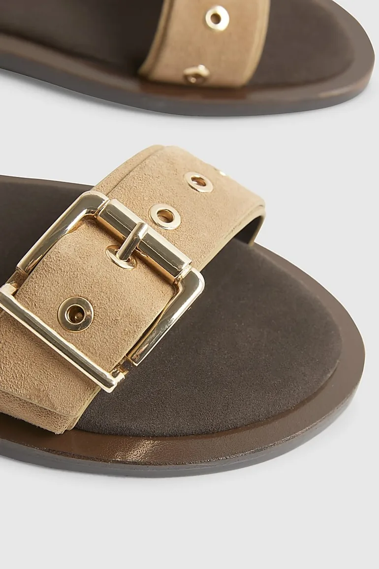 Beige Suede Back Strap Flat Sandal - 2