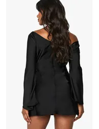 Satin Draped Flared Sleeve Mini Dress - black - 2