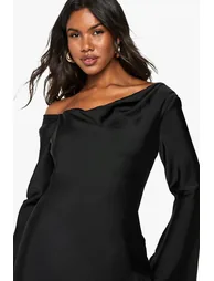 Satin Draped Flared Sleeve Mini Dress - black - 3