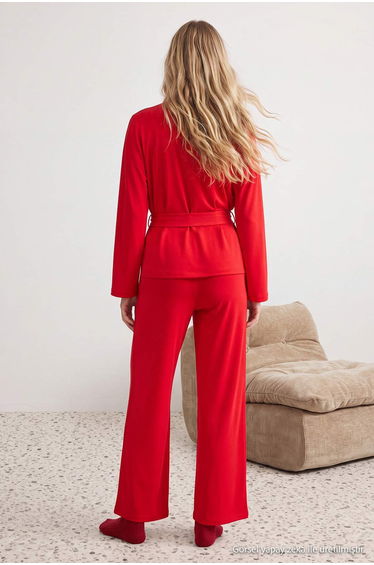 Red Belted Double Breasted Collar Knitted Pajama Set product thumbnail 3