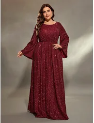 Leely Plus Women's Elegant Scoop Neck Flare Sleeve Sequins A-Line Dress