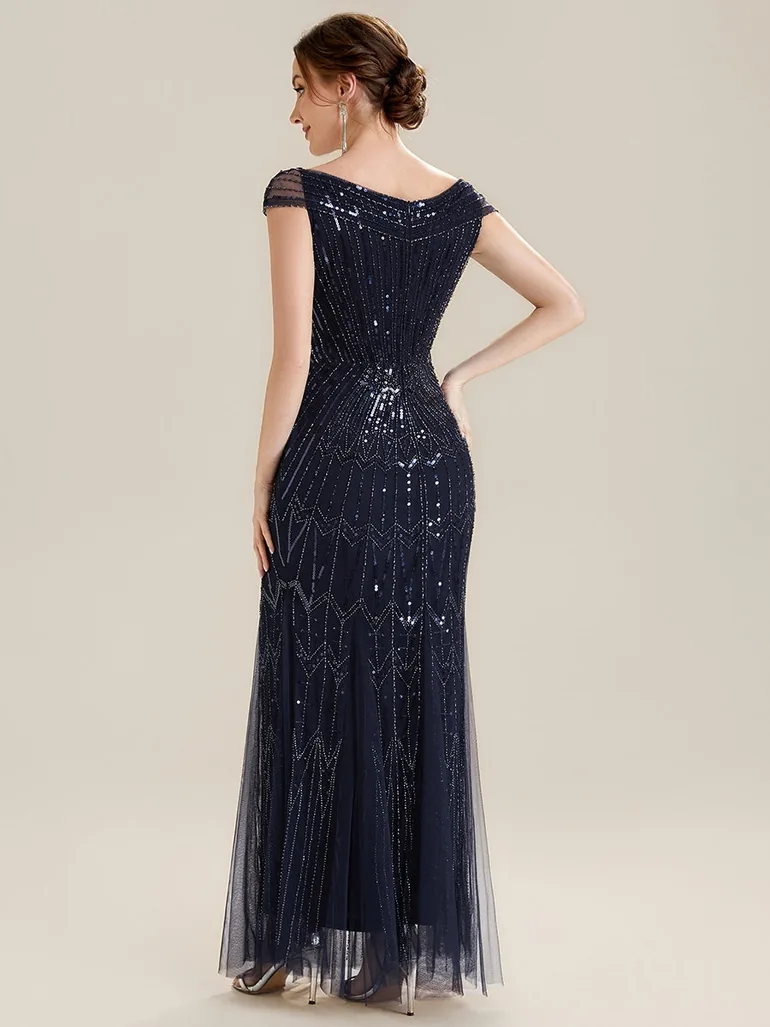 ever CABARET|Sequin Drop Shoulder Sleeve Beaded Formal Dress - 2