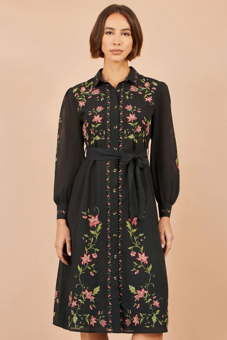Yumi Black Floral Placement Midi Shirt Dress - 2