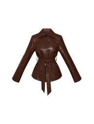 Chocolate Faux Leather Tie Waist Jacket - 4