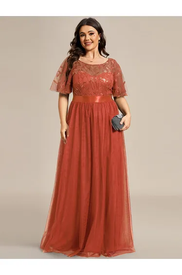 ever SAPHIR|Women's A-Line Sequin Leaf Maxi Prom Dress with Sleeves