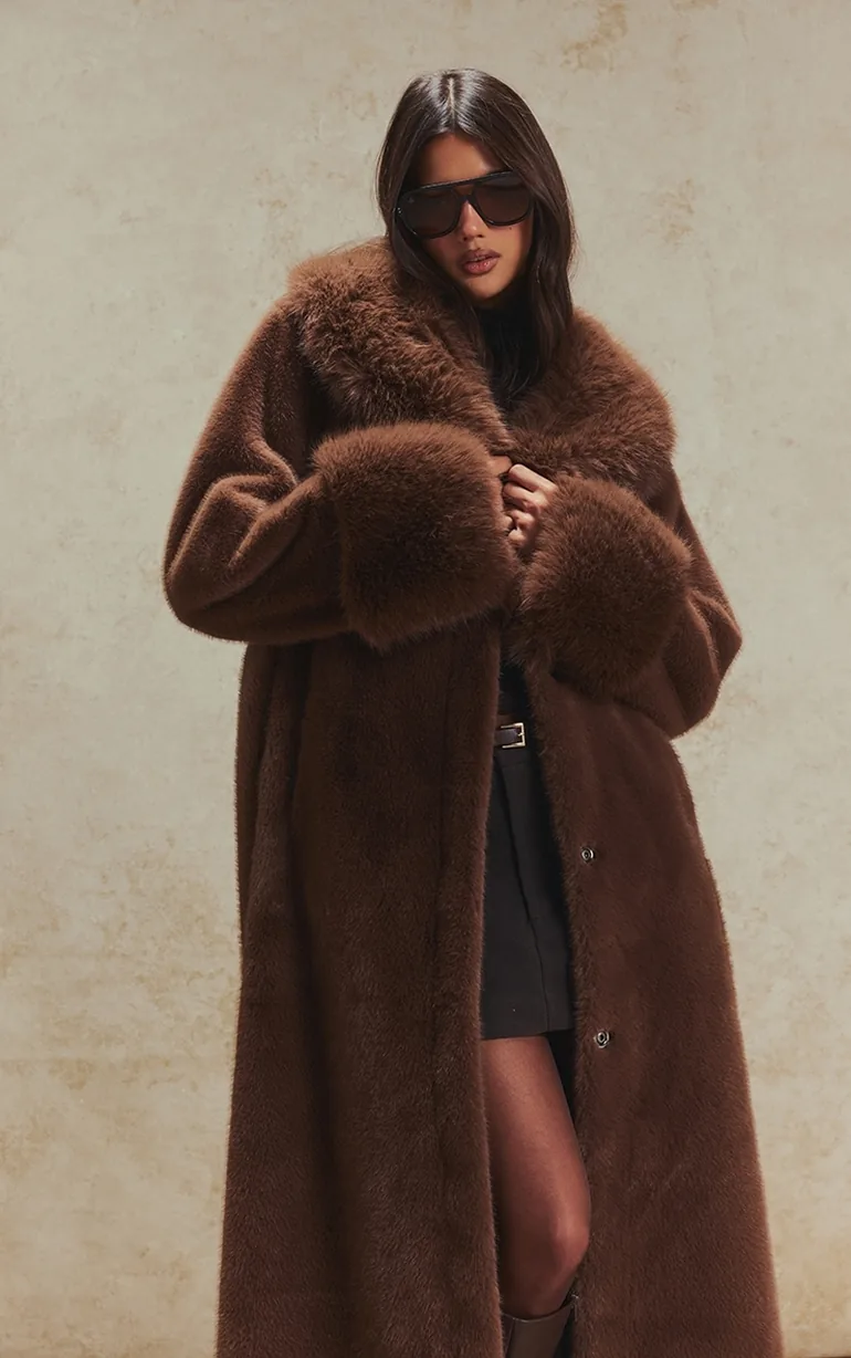Chocolate Faux Fur Self Tie Oversized Coat - 2