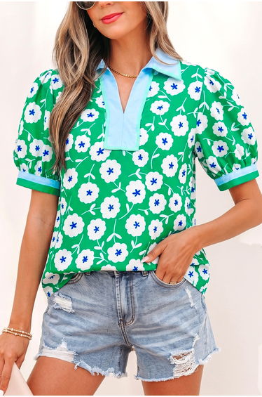 Lvness Green Flower Printed Contrast Patchwork Collar Short Sleeve Blouse