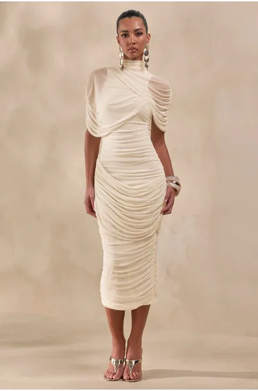 Cream Mesh High-Neck Midi Dress With Short Cape-Sleeves And Gathered-Detailing