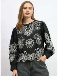 Schiffli Scalloped Hem Long Sleeve Top - 1