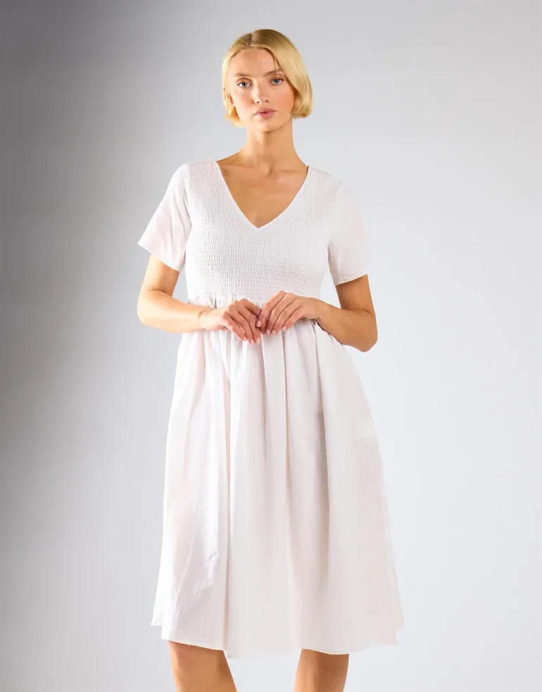 Short Sleeve V-neck Midi Dress - White