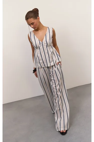Multi Stripe Linen Look Tailored Straight Leg Trousers