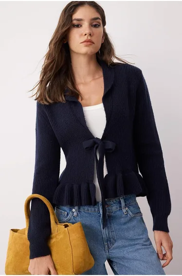 Navy Blue Crop V Neck Soft Texture Flounce Knitted Cardigan