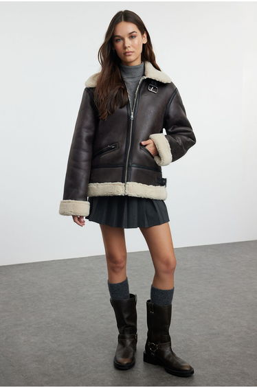 Dark Brown Regular Collar Belt Detailed Plush Faux Leather Biker Jacket Coat product thumbnail 2