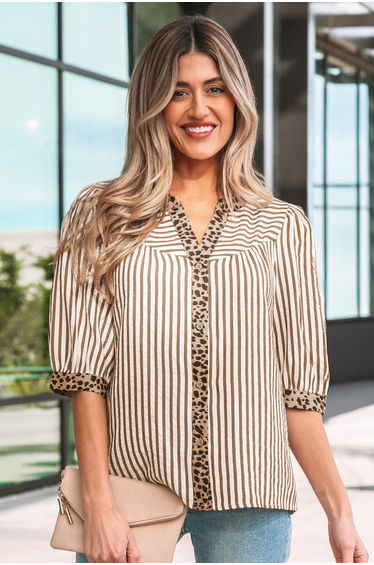 Lvness Brown Stripe Leopard Trim V Neck Button Down Half Sleeve Shirt product thumbnail 4