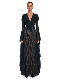 Faelyth Black Plunging Neck Lace Ruffle Maxi Dress