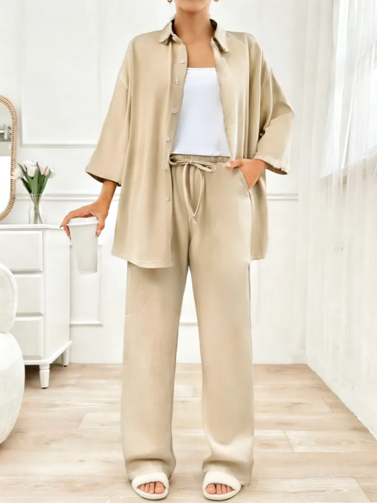 Pack of 3 - Solid Longline Shirt, Cami and Pyjama Set