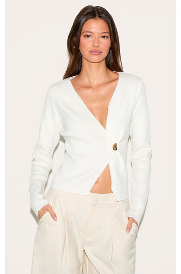 Cream Asymmetric Compact Knit Cardigan product thumbnail 2