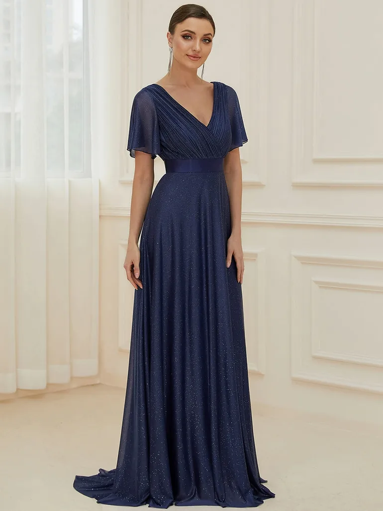 ever LIORÉ|Plus Size V Neck Ribbon Waist Formal Evening Dress With Sleeves - 2