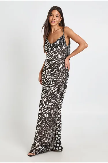 Polka Dot Cowl Cami Slip Dress - black