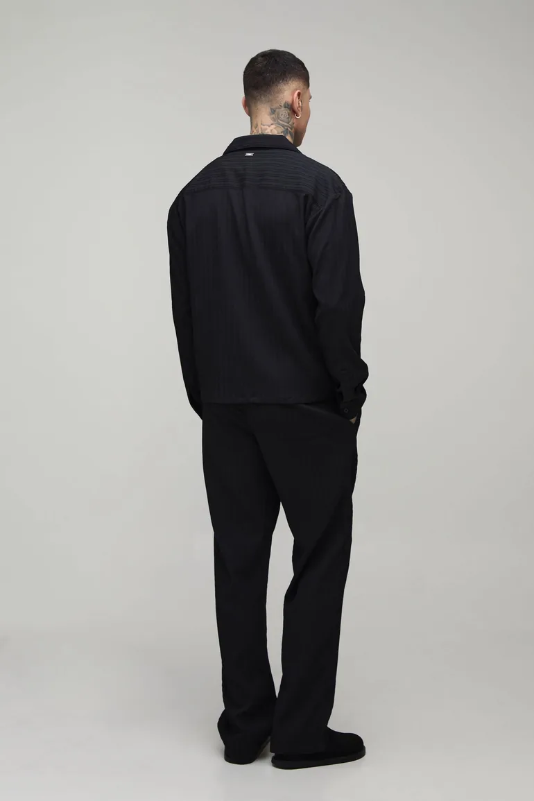 Tall Boxy Crop Fit Long Sleeve Irregular Pleat Overshirt - black - 1