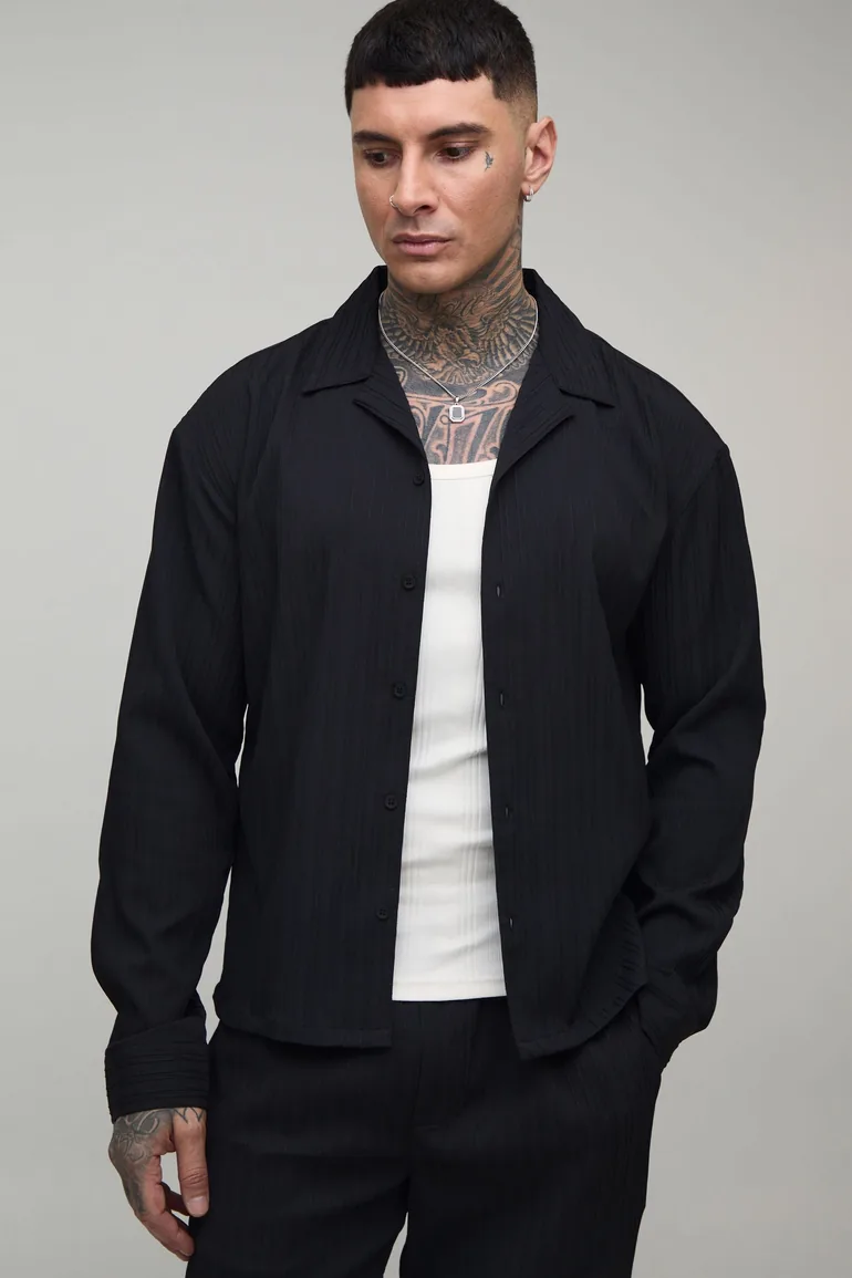 Tall Boxy Crop Fit Long Sleeve Irregular Pleat Overshirt - black