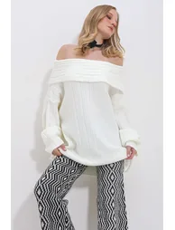 Women's Ecru Madonna Collar Ribbed Oversize Sweater - 3