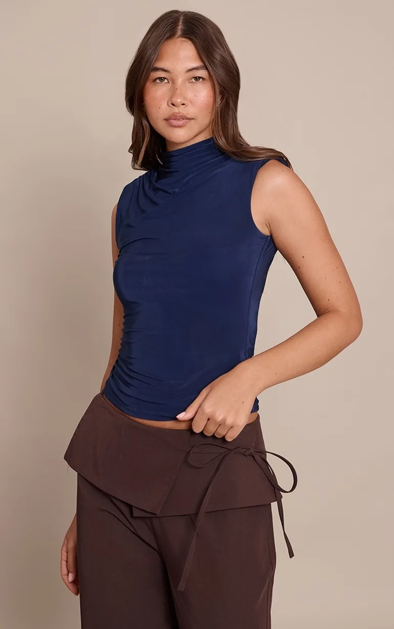 Navy Slinky Shoulder Detail Sleeveless Top - 1