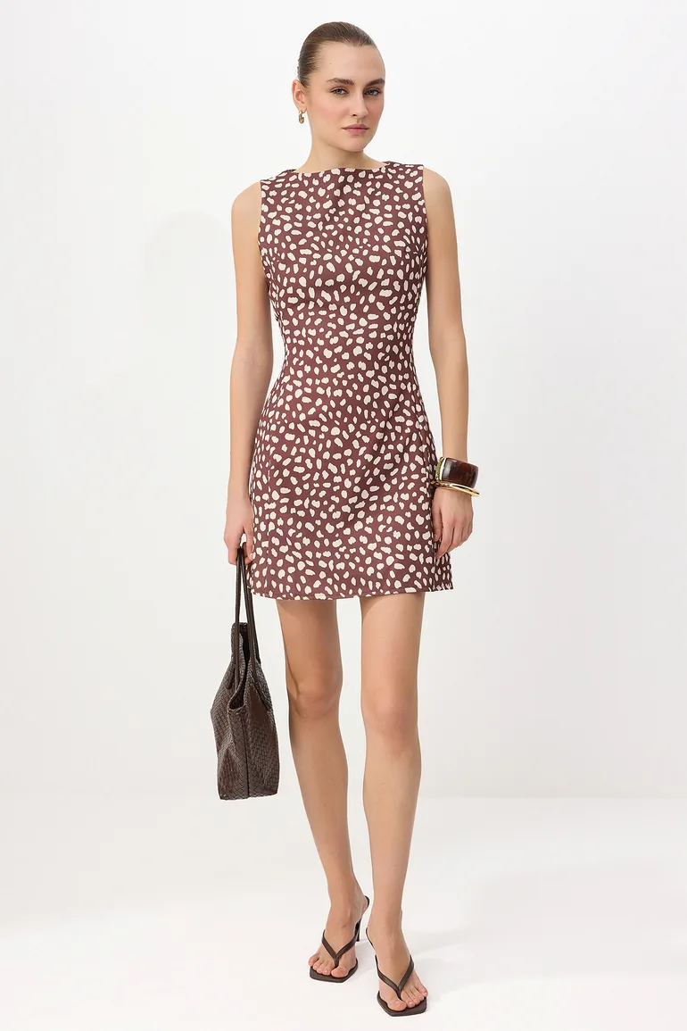 Brown-Multicolor Straight A-Line Short / Mini Woven Dress
