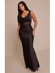 Shape Black Satin Mesh Panel Cowl Neck Maxi Dress