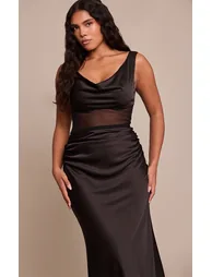 Shape Black Satin Mesh Panel Cowl Neck Maxi Dress - 3