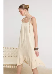 Cream Muslin Fabric Woven Dress with Sea Shell Accessories - 1