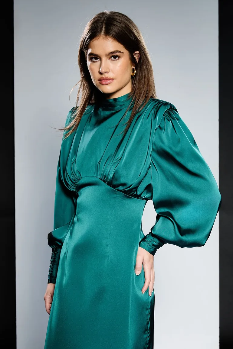 Runway 1.8.1.8 High Neck Long Sleeve Satin Midi Dress - 1