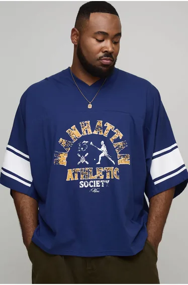 Plus Oversized V-Neck Football Print Sports Top - blue