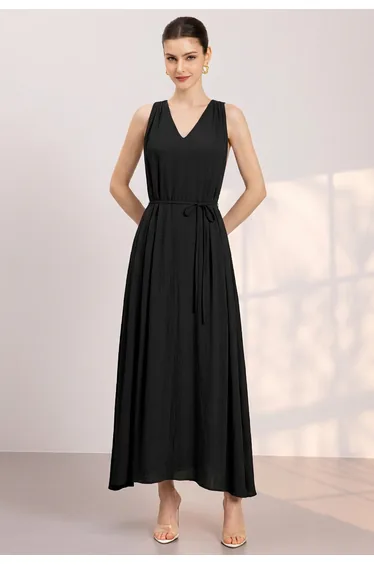 V-Neck Lace Open-Back Tie-Waist Maxi Dress in Black