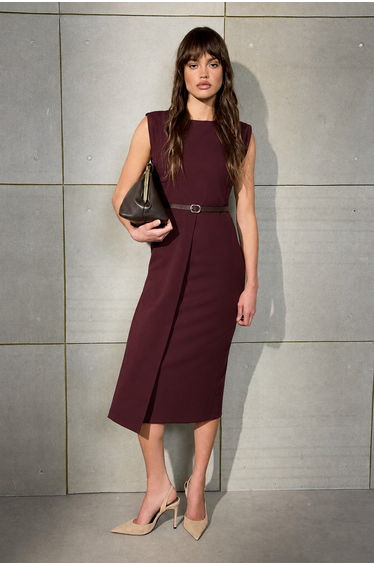 Burgundy Belt Detailed Woven Midi Dress