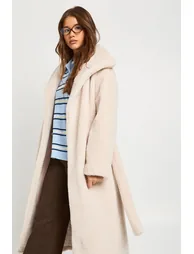 Shawl Collar Belted Borg Coat - cream - 2