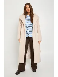 Shawl Collar Belted Borg Coat - cream