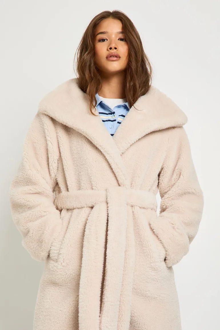 Shawl Collar Belted Borg Coat - cream - 3
