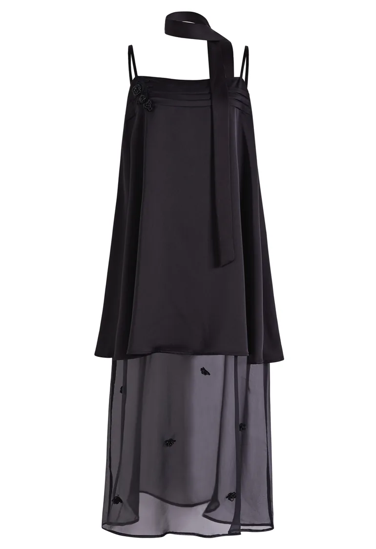 Beaded Floral Satin Organza Layer Cami Dress in Black for Gallery Openings & Brand Events - 2