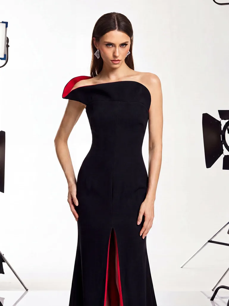 Nexian One Shoulder Red Sole Split Maxi Dress - 2