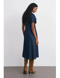 Dilvin Cotton Denim Midi A-line Dress - 3