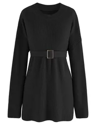 Belted Ribbed Longline Sweater in Black - 7