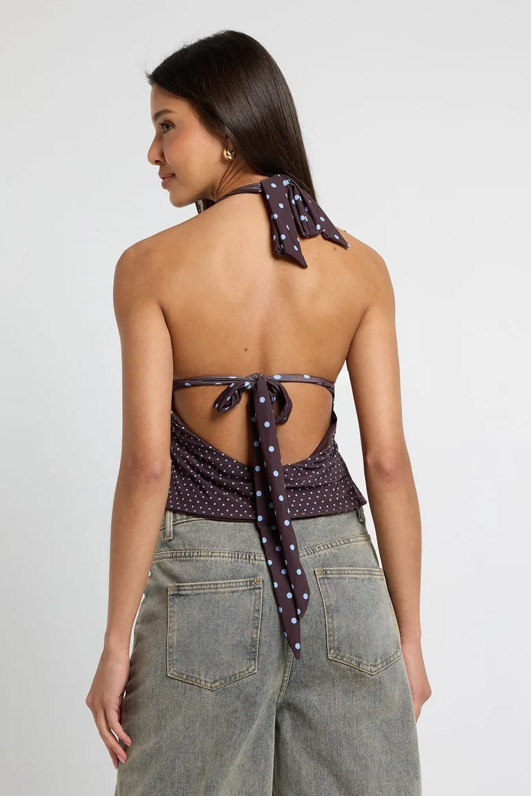 Mix Polka Dot Halter Neck Top - chocolate - 2