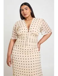 Plus Polka Dot Chiffon Ruched Waist Maxi Dress - ivory - 3
