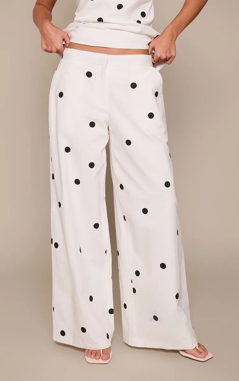 White Polka Dot Cotton Tailored Trouser - 1