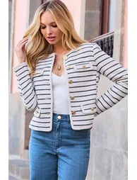 Ivory & Navy Stripe Boucle Jacket