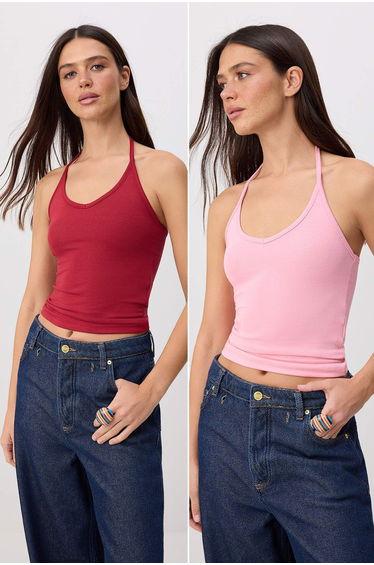 Burgundy-Pink Plain Fitted Halter Neck Standard Sleeve Sleeveless Cotton Ribbed Knitted Undershirt