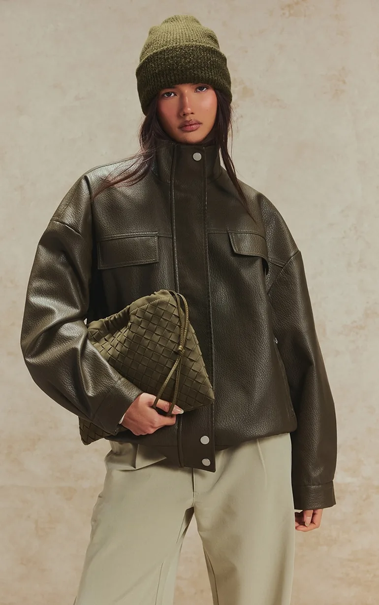Khaki Funnel Neck Concealed Placket Faux Leather Jacket